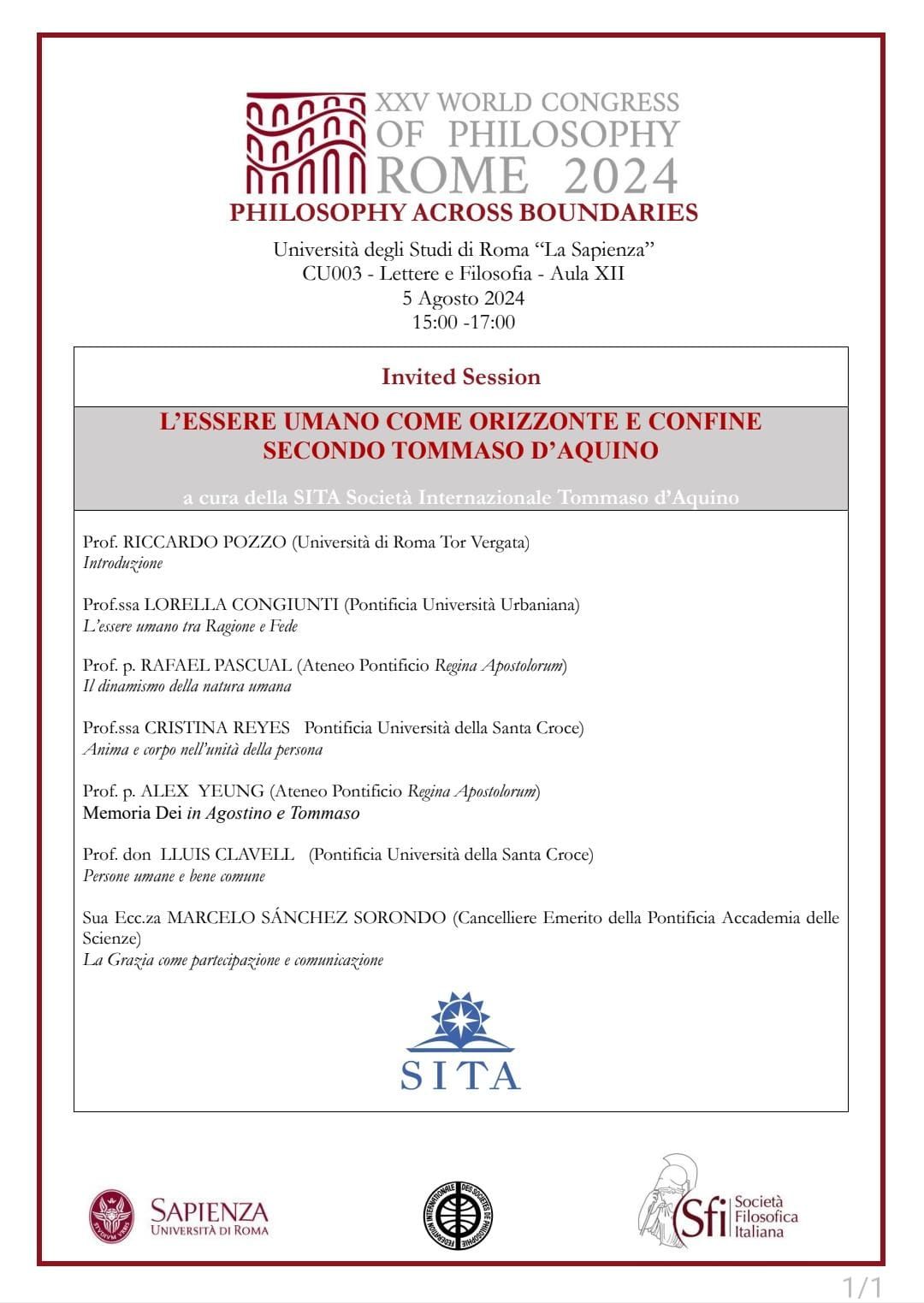 Il programma della Invited Session SITA al XXV World Congress of Philosophy 