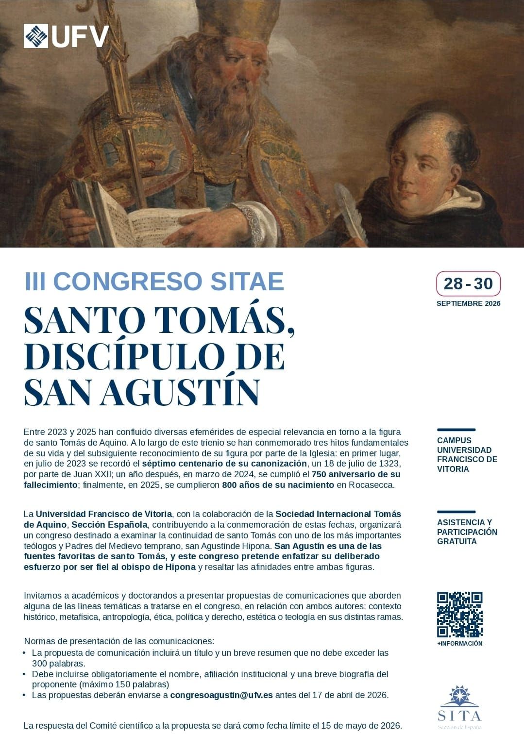 CALL FOR PAPERS. Santo Tomás, discípulo de San Agustín: III Congreso SITAE 