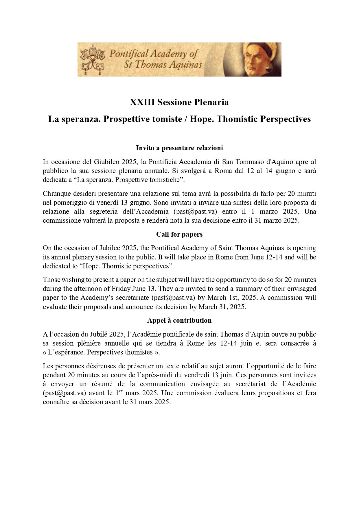 “La speranza. Prospettive tomiste”: Call for Papers della Pontificia Accademia di San Tommaso 